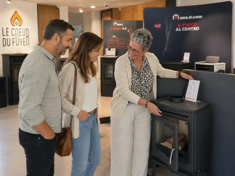 Showroom Le Cœur du Foyer à Libourne — poêles à bois et à granulés exposés en magasin